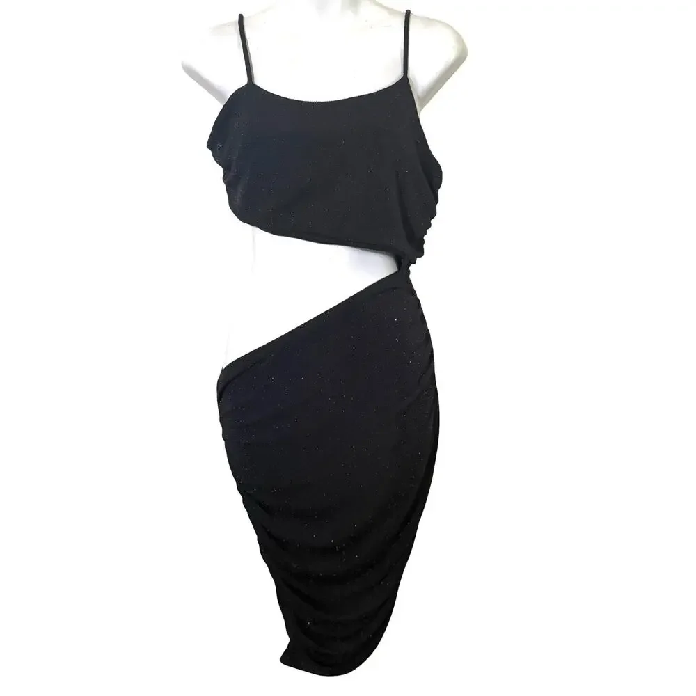 BP Little Black Dress Bodycon Mini Slip Dress Cut Out Waist Stretch Glitter sz L